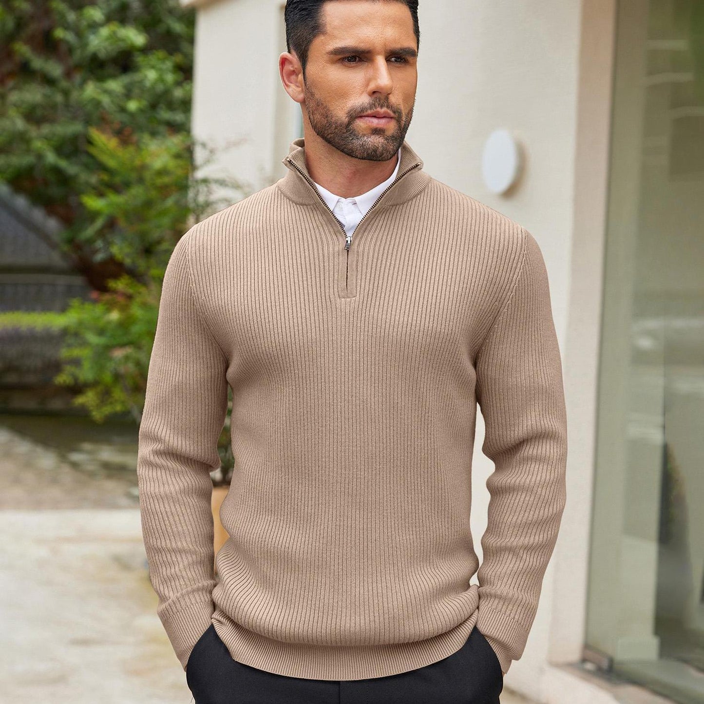 Men's Quarter Zip Sweaters Slim Fit Mock Neck Pullover Sweater Lightweight Knitted Polo Sweaters