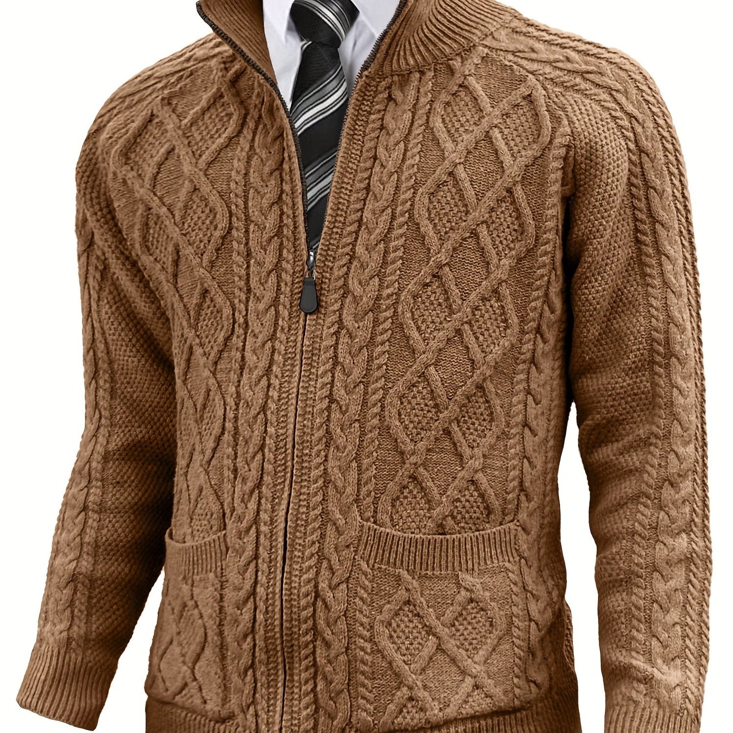 Men's Cardigan Sweaters Full Zip Up Sweater Solid Color Cable Knit Zipper Sweater Men Jackets