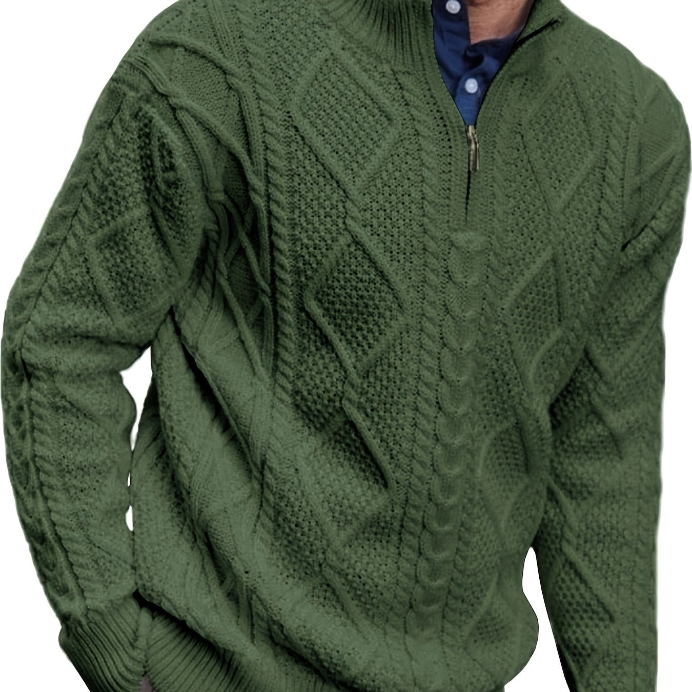 Runcati Mens Quarter-Zip Sweater Cable Knitted Stand Collar Pullover Soft Casual Thermal Twisted Knitwear Sweaters