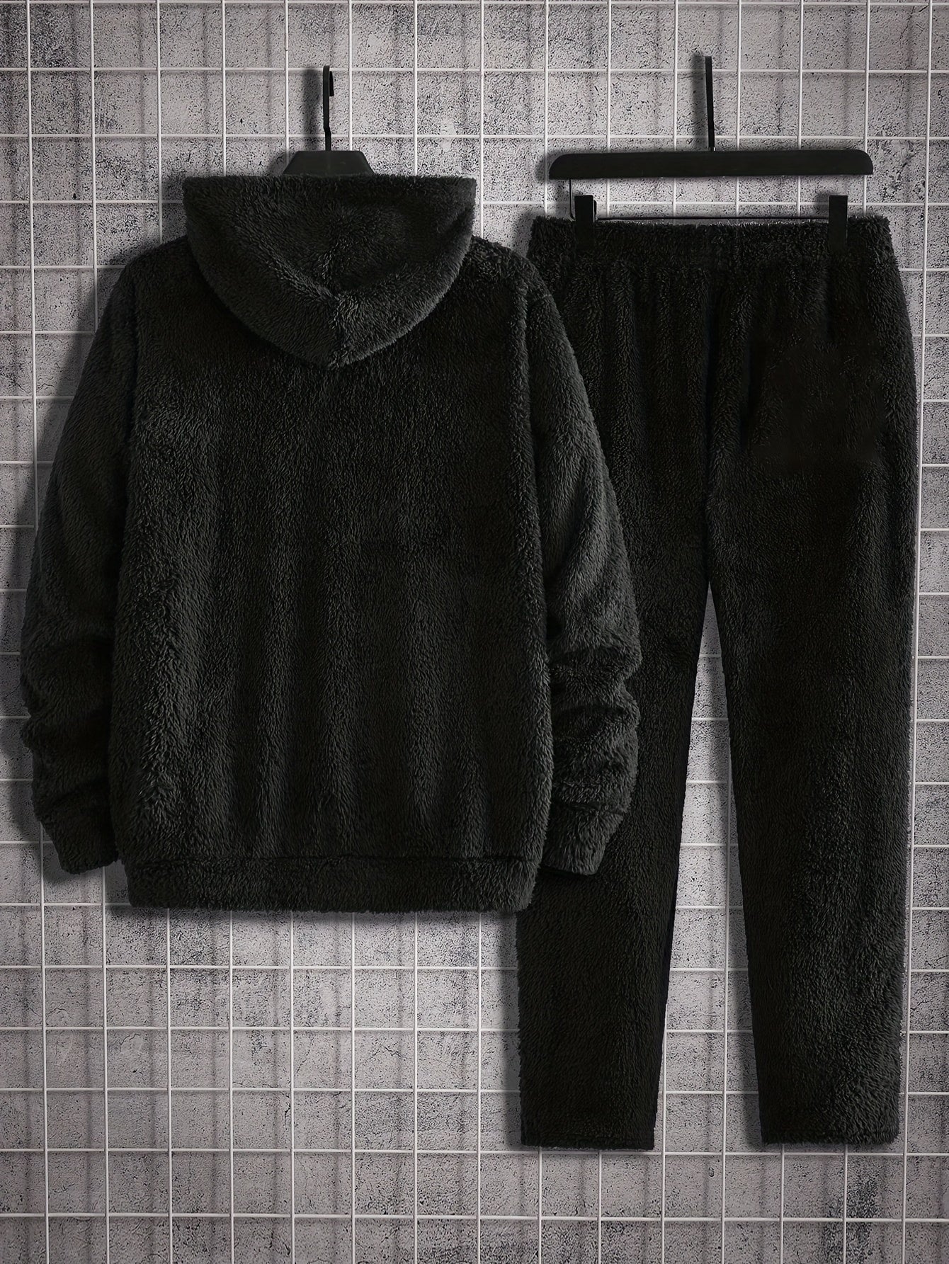 Plus Size Men's Solid Fleece Hooded Sweatshirt & Sweatpants Set For Fall Winter, 2Pcs Outfits, Men's Clothing
