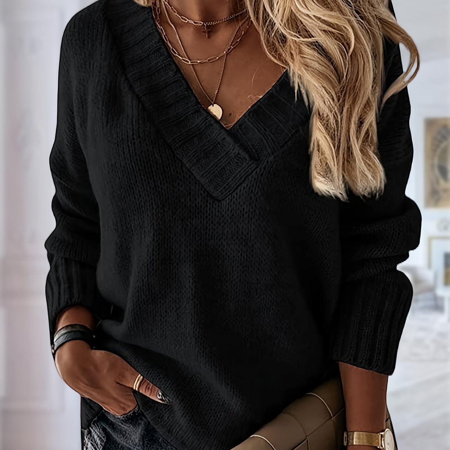 Womens Loose Sweaters Sexy V Neck Long Sleeve Solid Knitted Jumper Pullover Sweatshirt Tops