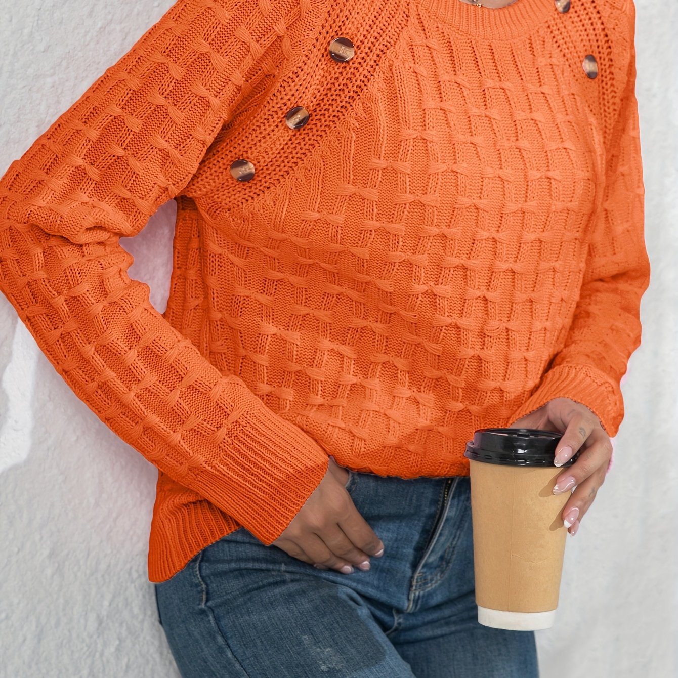 Women's Elegant 3D Bow Button Detail Sweater - Soft Long Sleeve Round Neck Pullover, Solid Color Regular Fit Fall Winter Cozy Top, Cute Sweaters