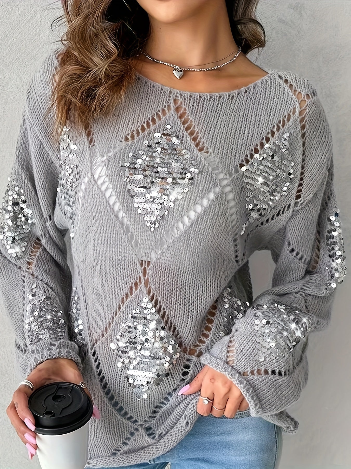 Elegant Geometric Beaded Knit Sweater for Women - Casual Long Sleeve Pullover, Perfect for Spring & Fall, Plus Size Sweaters