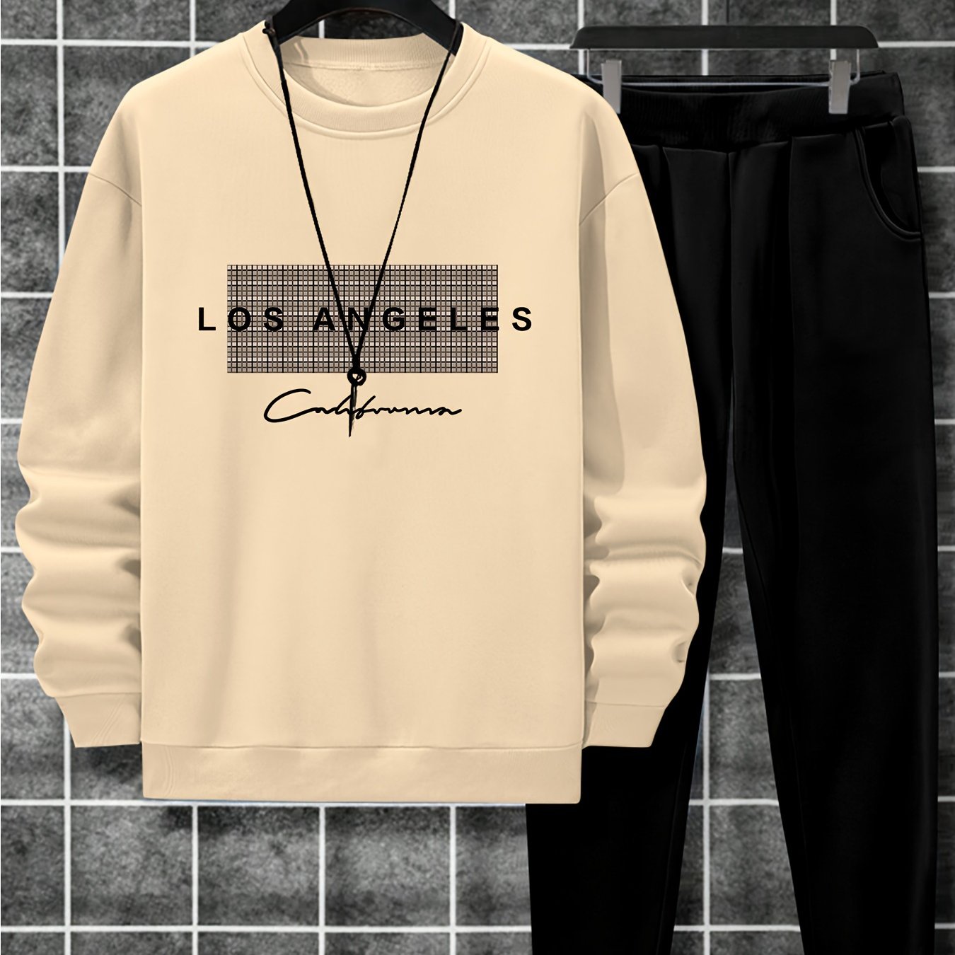 2-Piece Cozy Script Print Sweatshirt & Sweatpants Set - Soft, Trendy, and Comfy Outfits for Boys - Ideal for Fall, Winter, Daily Life, and Outdoor Activities in Los Angeles and California Style