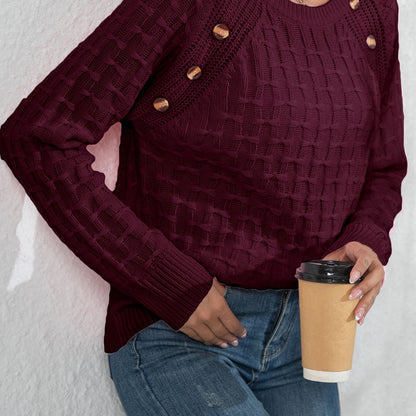 Women's Elegant 3D Bow Button Detail Sweater - Soft Long Sleeve Round Neck Pullover, Solid Color Regular Fit Fall Winter Cozy Top, Cute Sweaters