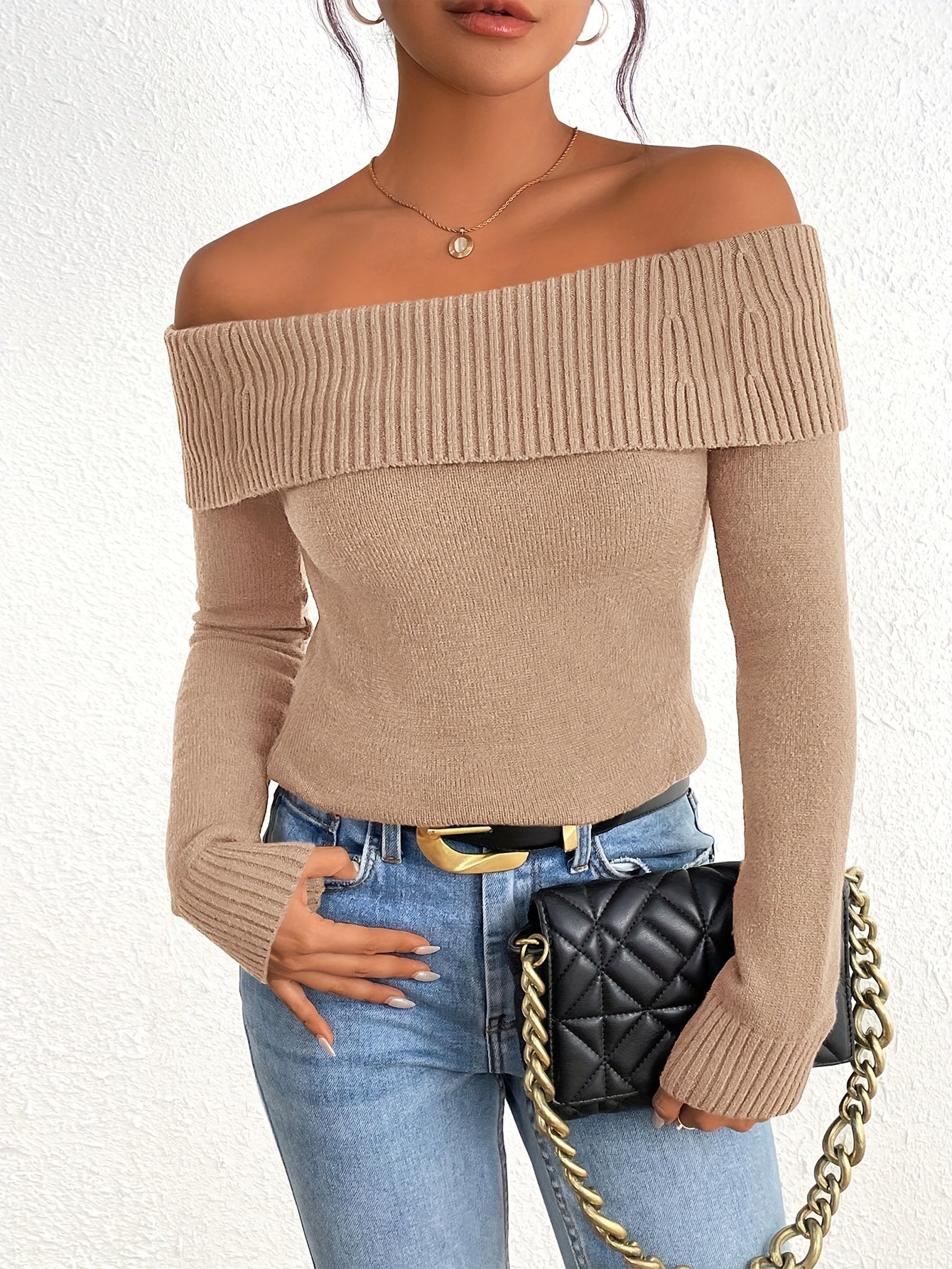 Long Sleeve Y2K Off Shoulder Ribbed Knit Fitted Pullover Women's Fall Sweaters Tops Blouse