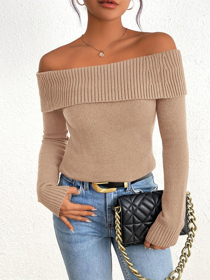 Long Sleeve Y2K Off Shoulder Ribbed Knit Fitted Pullover Women's Fall Sweaters Tops Blouse