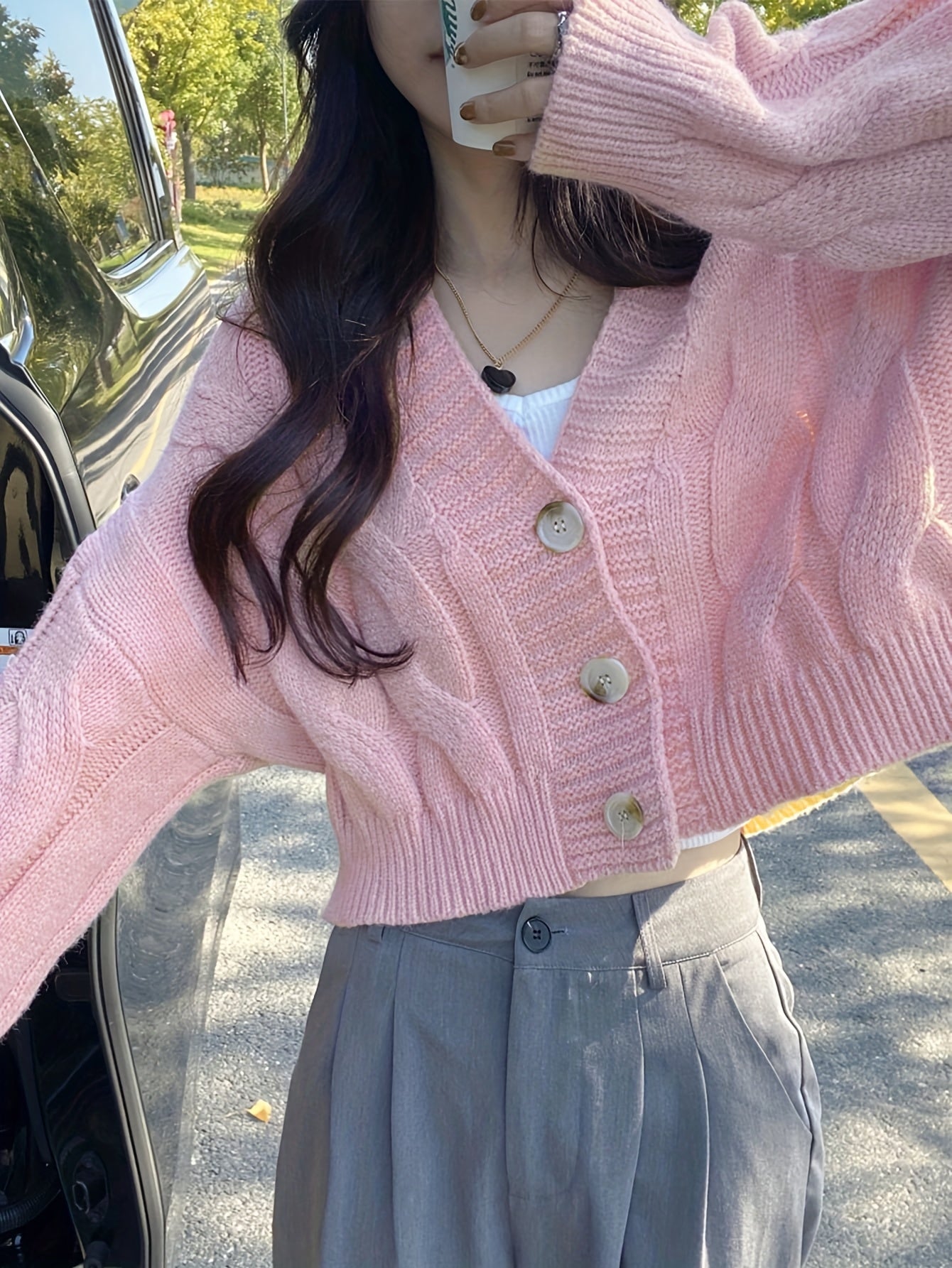 Women's Casual V-Neck Cropped Sweater - High Elasticity Long Sleeve Open Front Button Detail, Loose Fit Solid Color Spring/Fall Layering Essential, Cute Sweaters, Comfortable Knitwear, Durable Knitwear