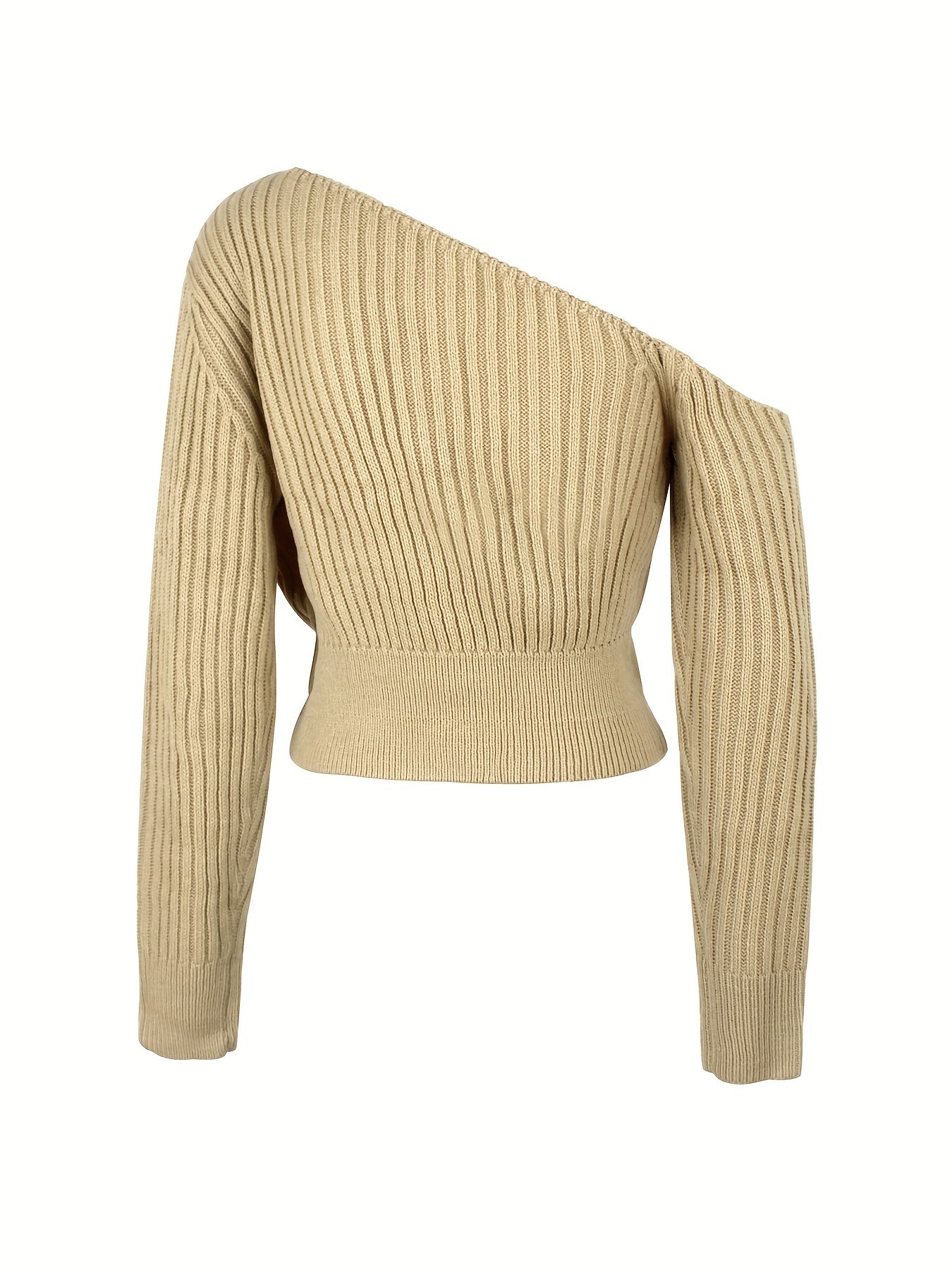 Solid Color Women's Sexy Off-Shoulder Ribbed Sweater - Long Sleeve Cropped Pullover with Medium Stretch, Casual Chic Top for Spring & Fall, Cute Sweaters, Elegant Layering Piece, Breezy Knitwear, Comfortable Fit