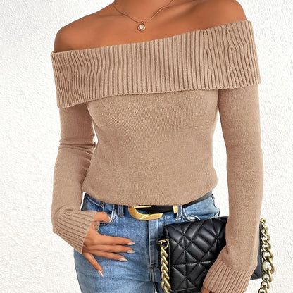 Long Sleeve Y2K Off Shoulder Ribbed Knit Fitted Pullover Women's Fall Sweaters Tops Blouse