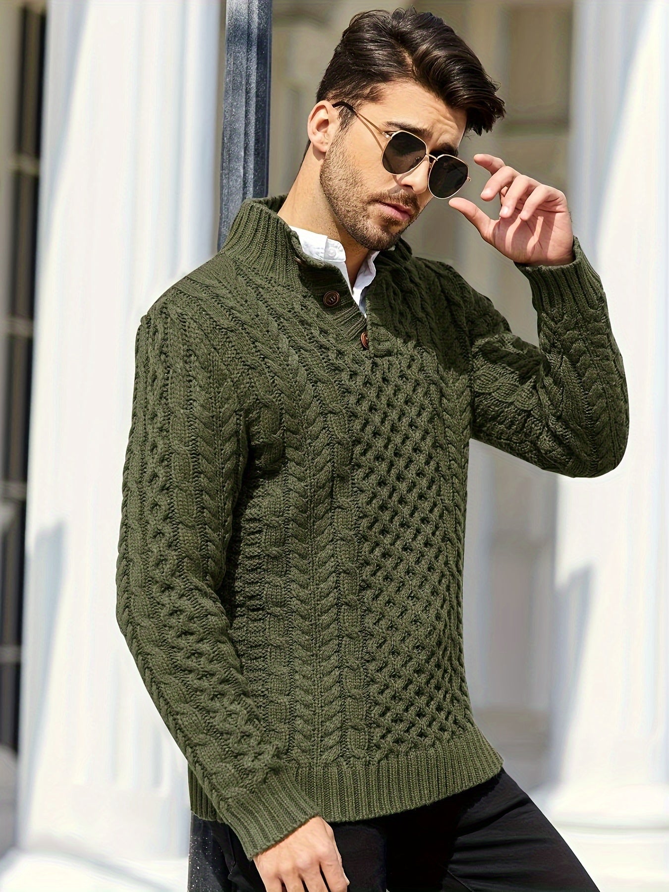 Chunky Stand Collar Pullover Sweater - Men's Winter Fashion Cable Knitted Thermal Sweaters with Buttons and Twisted Design - Cozy and Warm for Cold Weather