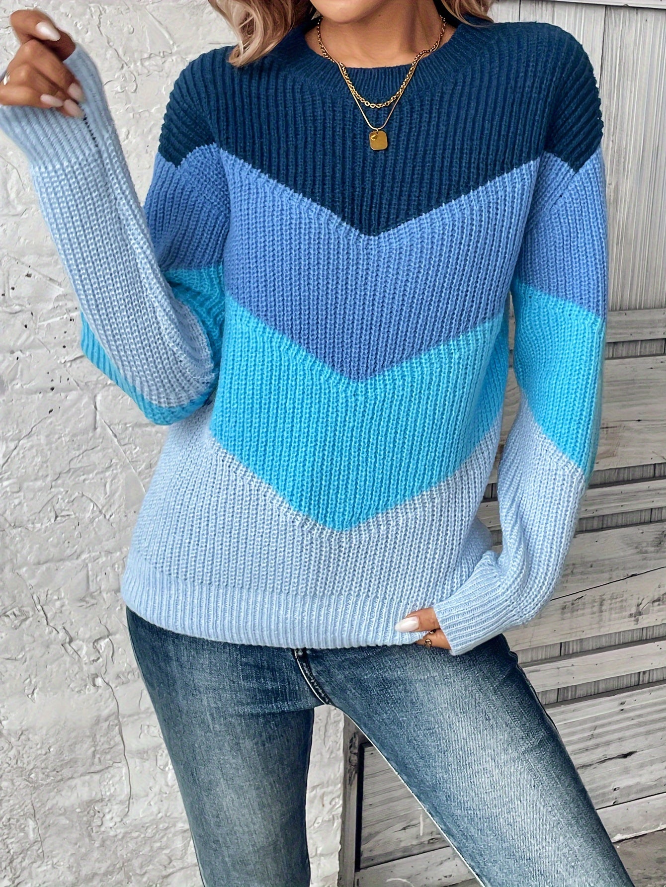 Women's Elegant Color Block Sweater - Soft Long Sleeve Round Neck Pullover with Blue & White Stripes, Cozy Fall Winter Fashion, Versatile Casual to Dressy Outfits, Cute Sweaters, Soft Texture