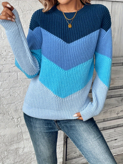 Women's Elegant Color Block Sweater - Soft Long Sleeve Round Neck Pullover with Blue & White Stripes, Cozy Fall Winter Fashion, Versatile Casual to Dressy Outfits, Cute Sweaters, Soft Texture
