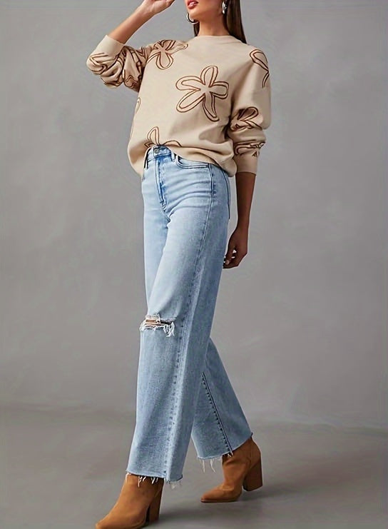 Long Sleeve Floral Print Cable Knit Casual Crewneck Sweaters For Women Pullover Sweater Tops