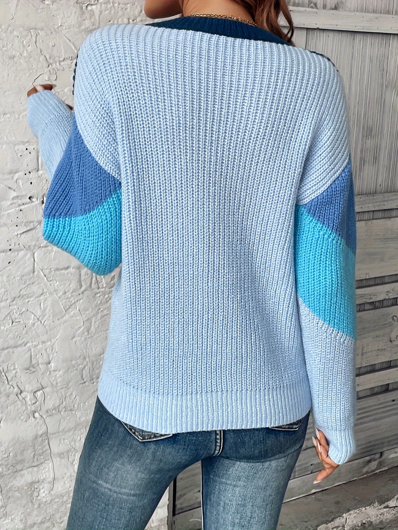 Women's Elegant Color Block Sweater - Soft Long Sleeve Round Neck Pullover with Blue & White Stripes, Cozy Fall Winter Fashion, Versatile Casual to Dressy Outfits, Cute Sweaters, Soft Texture