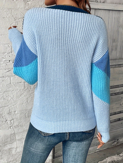 Women's Elegant Color Block Sweater - Soft Long Sleeve Round Neck Pullover with Blue & White Stripes, Cozy Fall Winter Fashion, Versatile Casual to Dressy Outfits, Cute Sweaters, Soft Texture