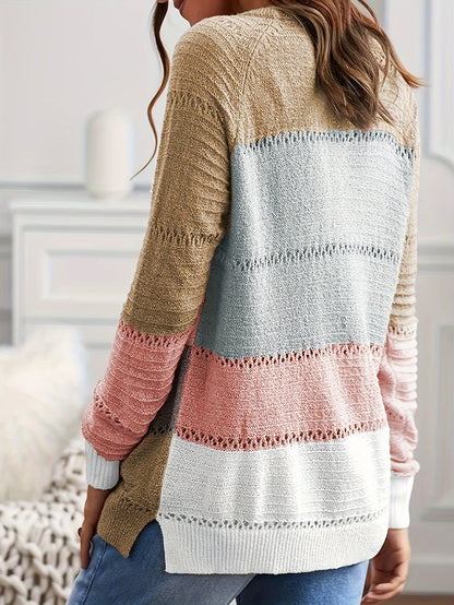 Women's Casual Striped Color-Block Pullover Sweater - Semi-Sheer Round Neck Spring/Fall Top with Green/White/Gray Stripes, Hand Wash or Dry Clean, Cute Sweaters