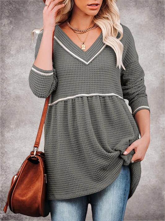Womens V Neck Waffle Tunic Top Long Sleeve Peplum Pullover Babydoll Casual Flowy Swing Tshirts Pullover Sweaters