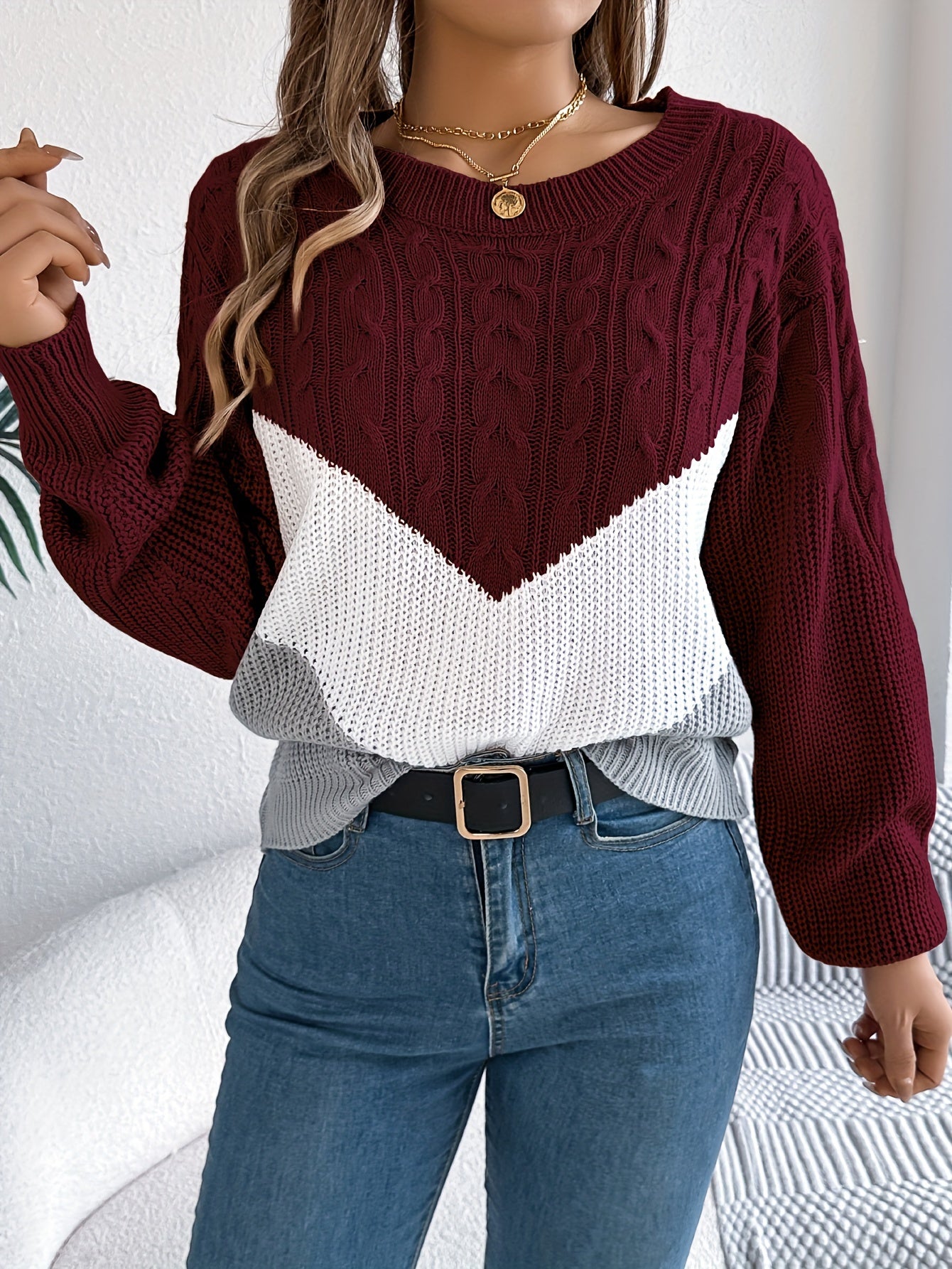 Burgundy & White Women's Elegant Color-Block Round Neck Long Sleeve Sweater - Soft Medium Stretch Pullover for Fall Winter, Hand Wash Only, Casual Chic Wardrobe Essential, Cute Sweaters, Winter Comfort Clothing, Comfortable F