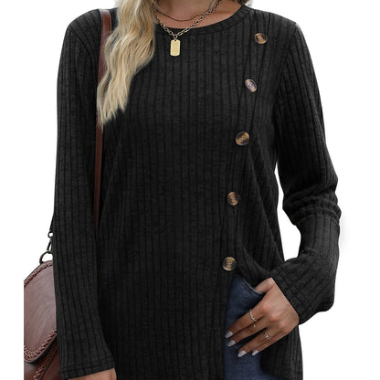 Women's Long Sleeve Crew Neck Tunic Tops Buttons Side Pullover Sweaters Fall Winter