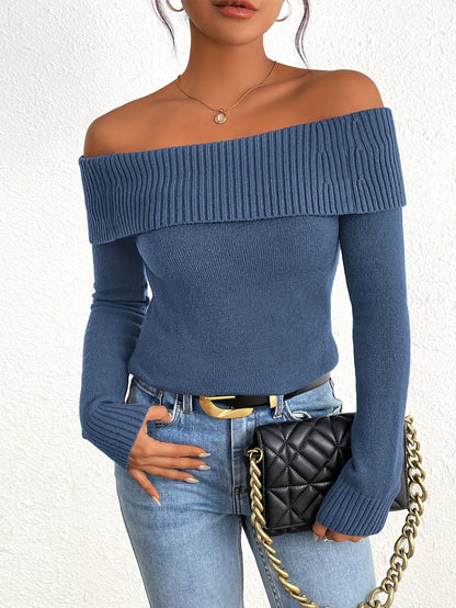Long Sleeve Y2K Off Shoulder Ribbed Knit Fitted Pullover Women's Fall Sweaters Tops Blouse