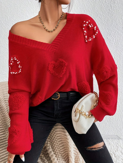 Elegant Women's V-Neck Knit Sweater with Heart Cut-Out Detail - Casual Long Sleeve Pullover, Lightweight Polyester, Perfect for All Seasons, Plus Size Sweaters