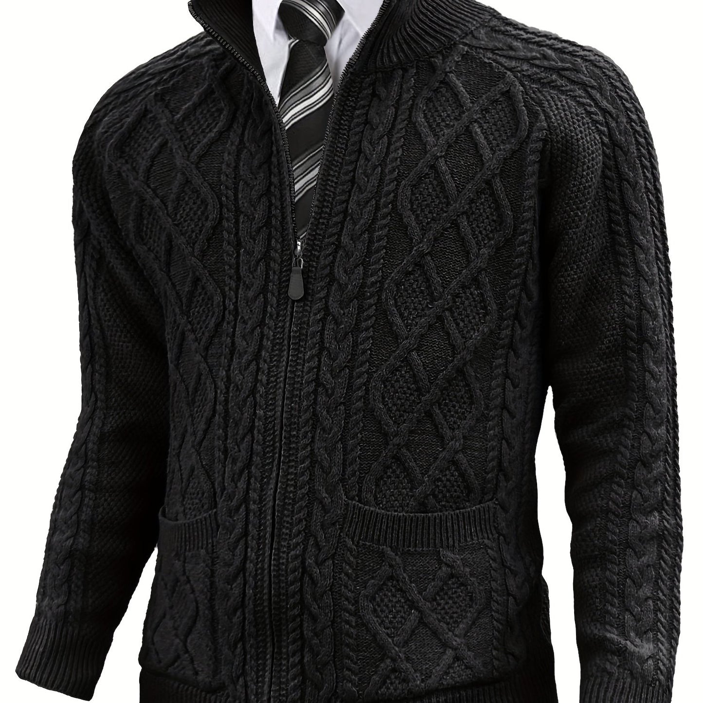 Men's Cardigan Sweaters Full Zip Up Sweater Solid Color Cable Knit Zipper Sweater Men Jackets