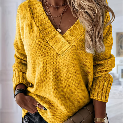 Womens Loose Sweaters Sexy V Neck Long Sleeve Solid Knitted Jumper Pullover Sweatshirt Tops