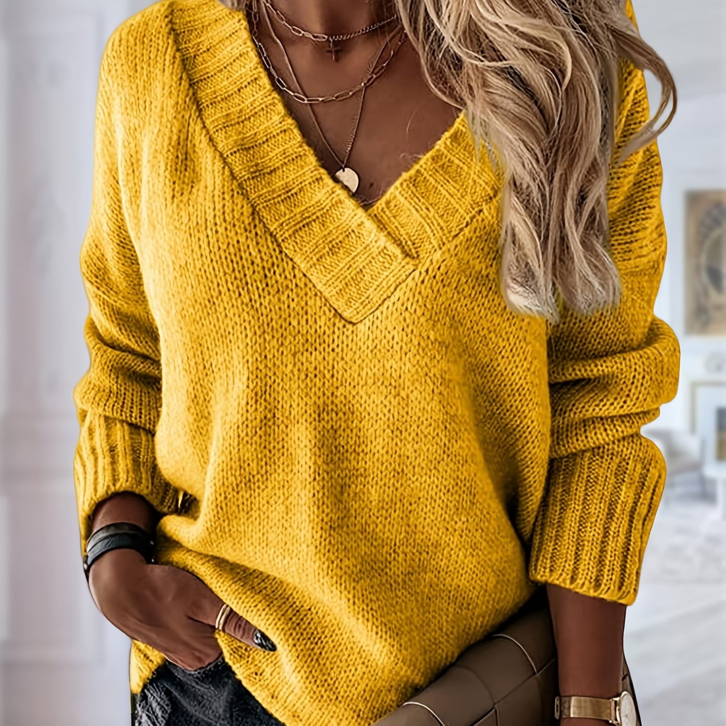 Womens Loose Sweaters Sexy V Neck Long Sleeve Solid Knitted Jumper Pullover Sweatshirt Tops