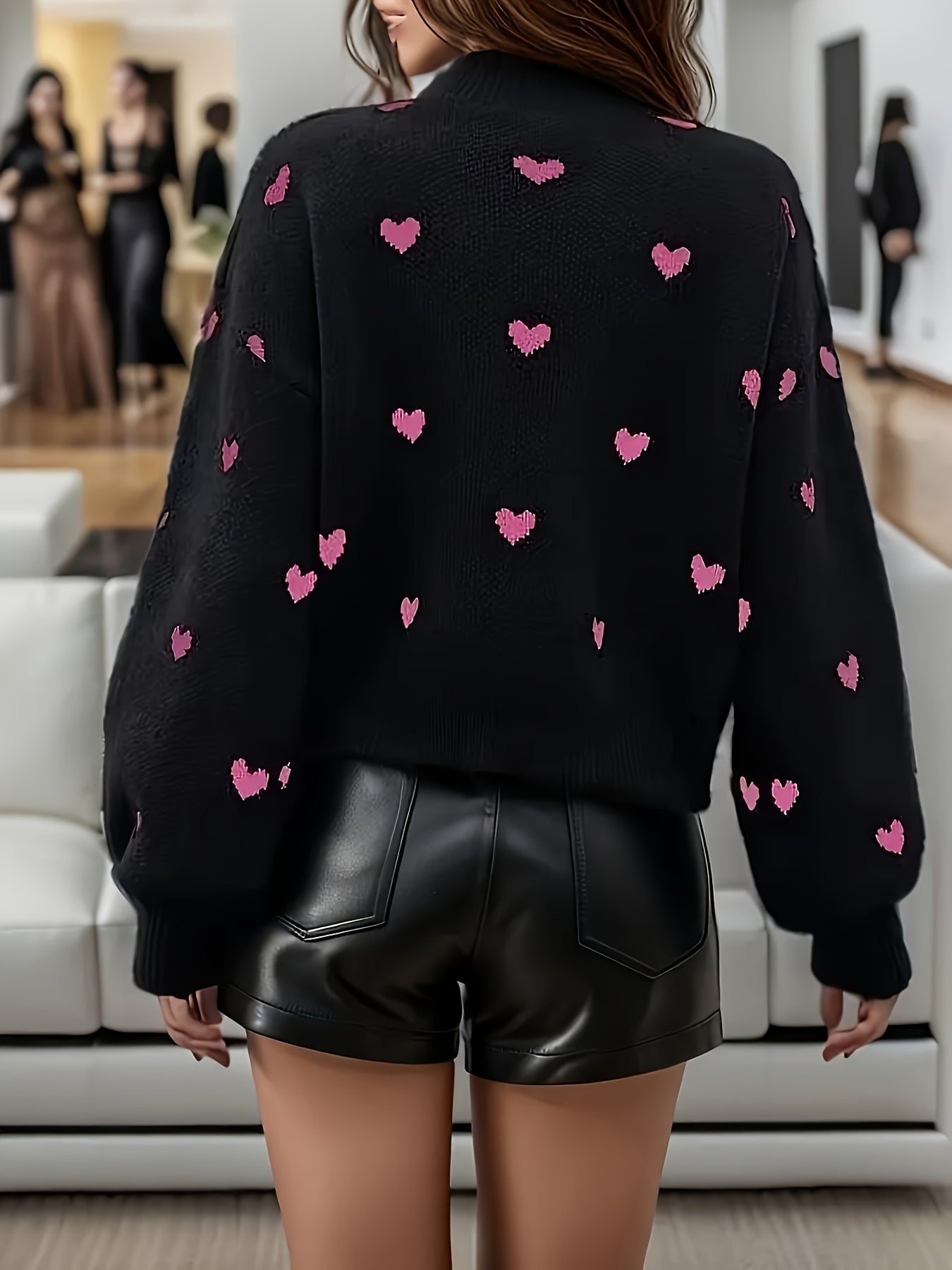 Visually Black Knit Sweater with Pink Heart Pattern - Round Neck, Long Sleeve Pullover for Women, Soft Viscose Blend, Perfect for Casual or Chic Outfits, Allseason Fashion | Stylish Knitwear | Nylon Viscose Polyester, Cute Sw