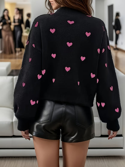 Visually Black Knit Sweater with Pink Heart Pattern - Round Neck, Long Sleeve Pullover for Women, Soft Viscose Blend, Perfect for Casual or Chic Outfits, Allseason Fashion | Stylish Knitwear | Nylon Viscose Polyester, Cute Sw