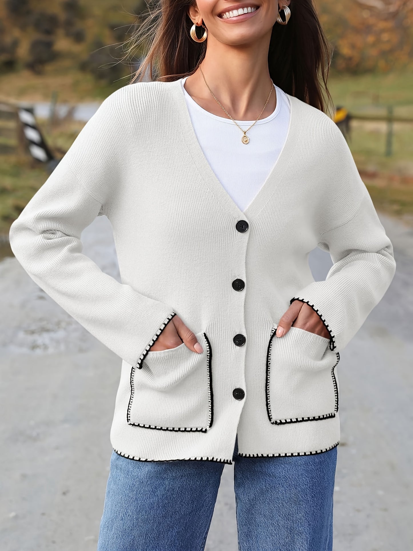 Womens Button Up Cardigan Sweaters Fall Trendy Knit Open Front Casual Loose Sweater Coat With Pockets