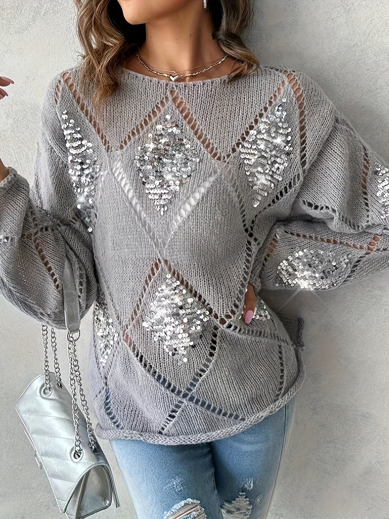 Elegant Geometric Beaded Knit Sweater for Women - Casual Long Sleeve Pullover, Perfect for Spring & Fall, Plus Size Sweaters