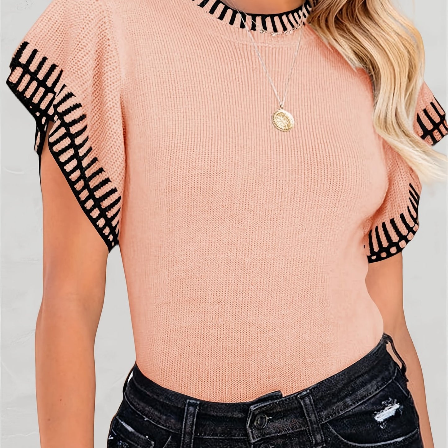 Womens Short Sleeve Sweaters Tops Summer Ruffle Striped Loose Crew Neck Lightweight Soft Shirts Knit Sweater