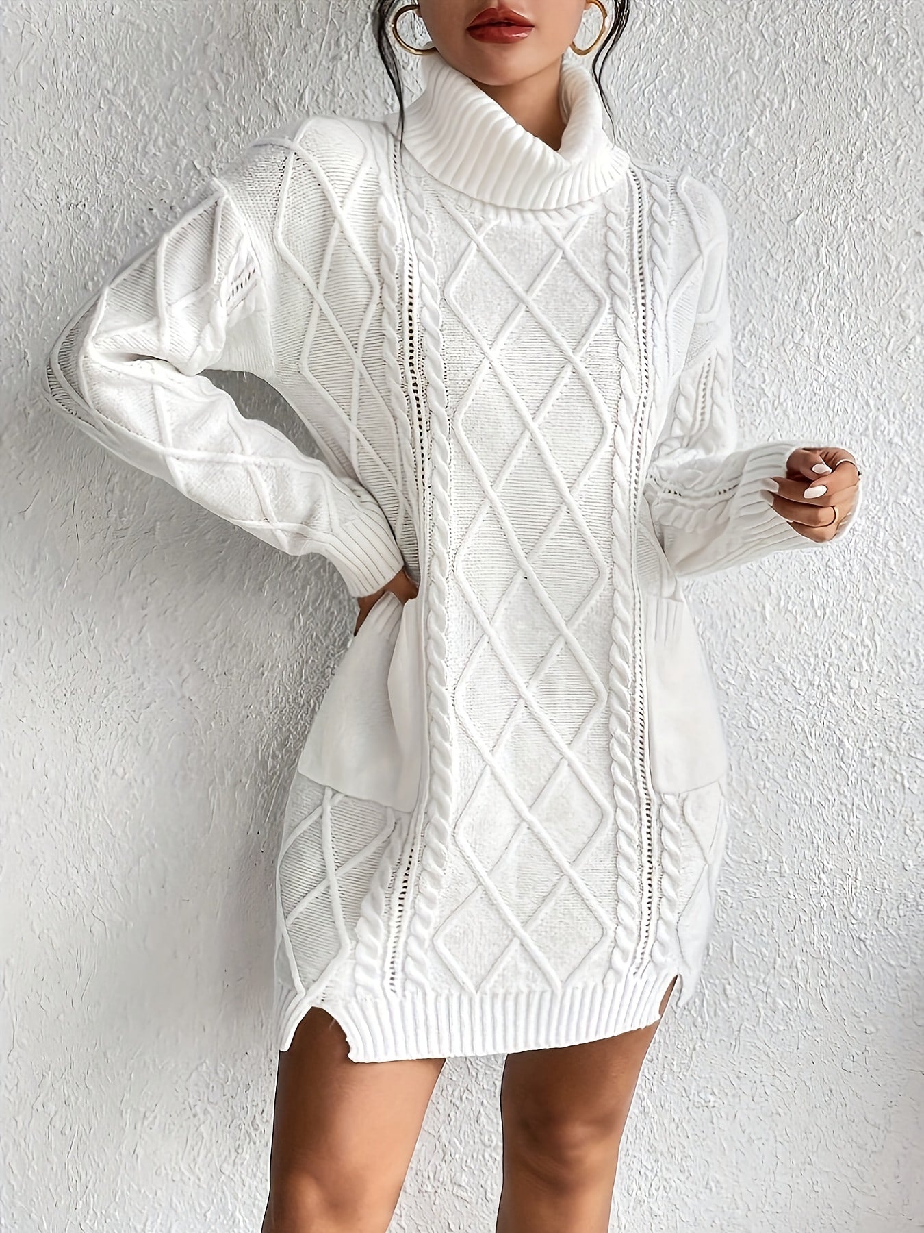 JNQualytrix Women's Elegant Sweater Dress - High Neck Long Sleeve with Double Pockets, Vibrant Red, Cozy Fall Winter Outfit, Chic Casual to Semi-Formal Wear, Ladies Sweaters, Casual to Formal Attire, Sophisticated Style, Comf