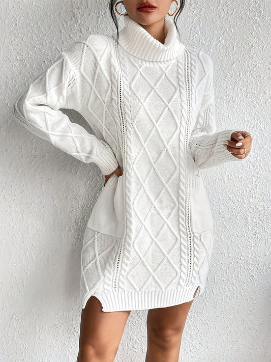 JNQualytrix Women's Elegant Sweater Dress - High Neck Long Sleeve with Double Pockets, Vibrant Red, Cozy Fall Winter Outfit, Chic Casual to Semi-Formal Wear, Ladies Sweaters, Casual to Formal Attire, Sophisticated Style, Comf