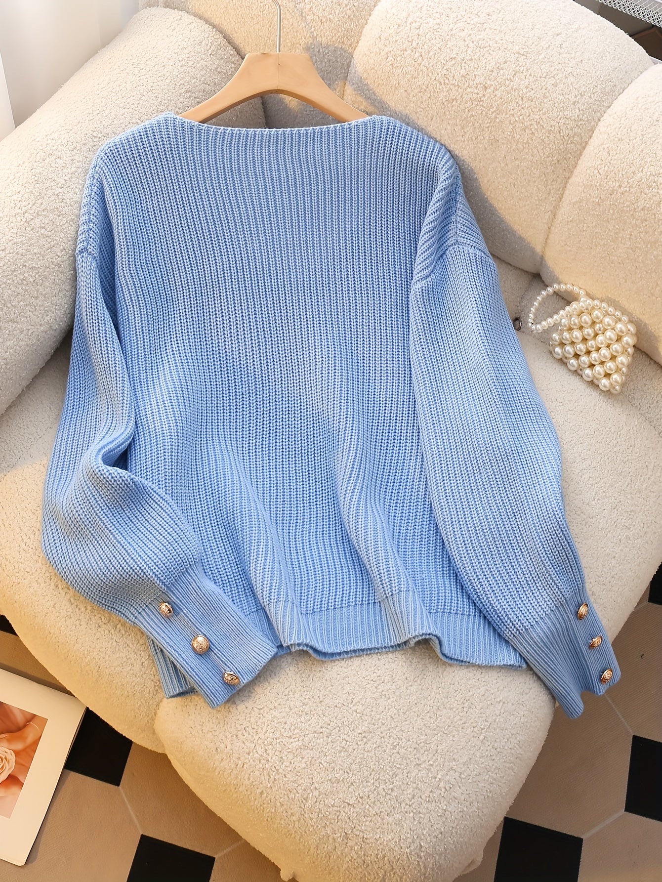 Women's Light Blue V-Neck Ribbed Sweater - Elegant Long Sleeve Pullover with Faux Button Detail, Machine Washable Fall Winter Top for Casual & Formal Wear, Cute Sweaters, Seasonal Wardrobe, Classic Knitwear, Quality Stitching