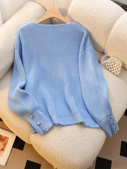 Women's Light Blue V-Neck Ribbed Sweater - Elegant Long Sleeve Pullover with Faux Button Detail, Machine Washable Fall Winter Top for Casual & Formal Wear, Cute Sweaters, Seasonal Wardrobe, Classic Knitwear, Quality Stitching
