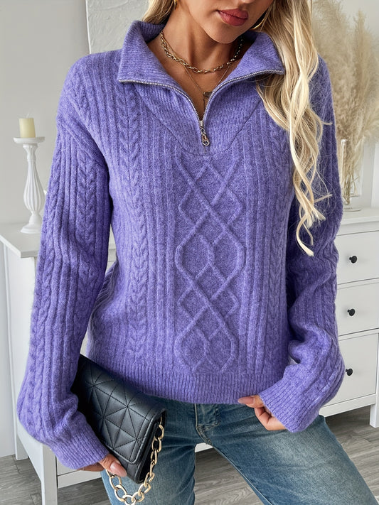 Women's Stylish Purple Cable Knit Sweater with Half-Zip Detail - Soft Ribbed Collar, Long Sleeve, Warm & Cozy for Fall/Winter Casual Outfits, Casual Winter Wear | Textured Neckline | Acrylic Fabric, Cute Sweaters