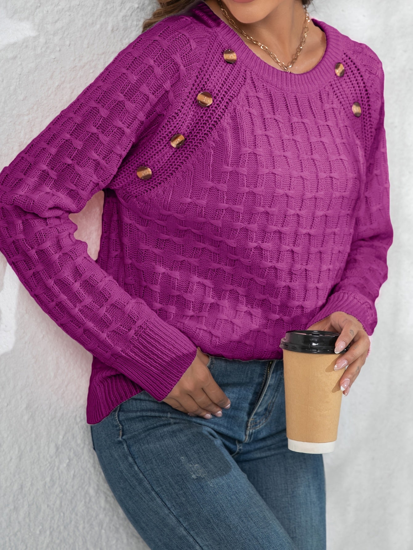 Women's Elegant 3D Bow Button Detail Sweater - Soft Long Sleeve Round Neck Pullover, Solid Color Regular Fit Fall Winter Cozy Top, Cute Sweaters