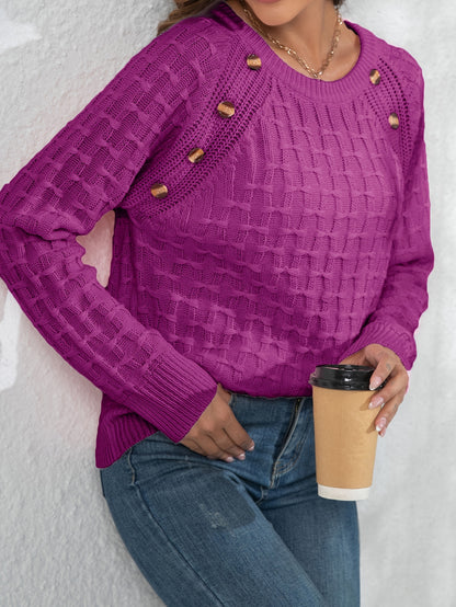 Women's Elegant 3D Bow Button Detail Sweater - Soft Long Sleeve Round Neck Pullover, Solid Color Regular Fit Fall Winter Cozy Top, Cute Sweaters