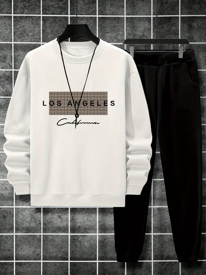 2-Piece Cozy Script Print Sweatshirt & Sweatpants Set - Soft, Trendy, and Comfy Outfits for Boys - Ideal for Fall, Winter, Daily Life, and Outdoor Activities in Los Angeles and California Style