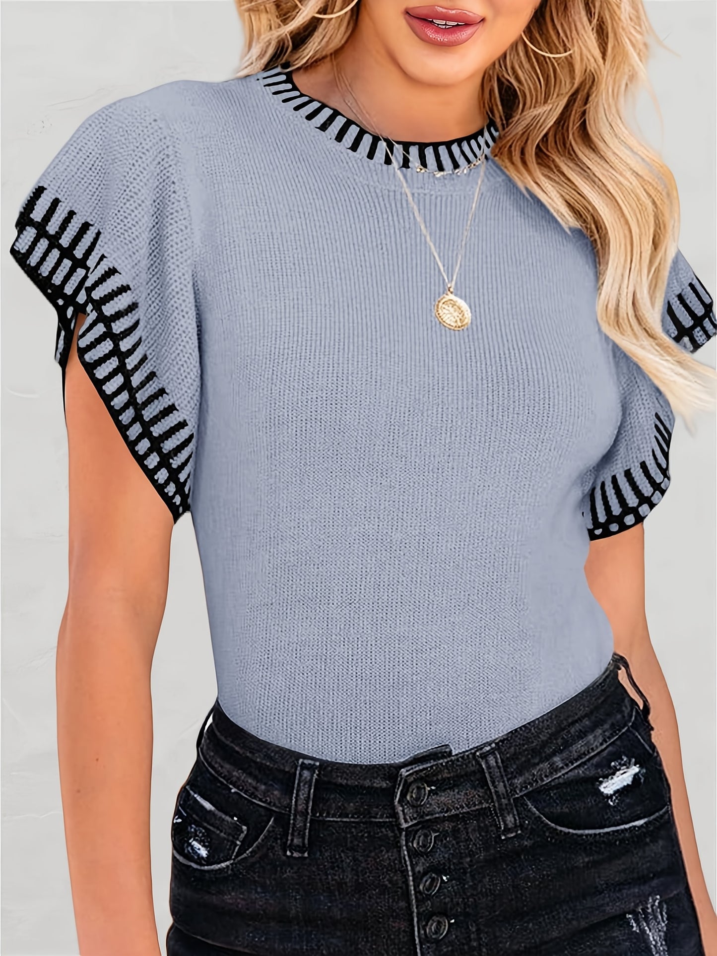 Womens Short Sleeve Sweaters Tops Summer Ruffle Striped Loose Crew Neck Lightweight Soft Shirts Knit Sweater