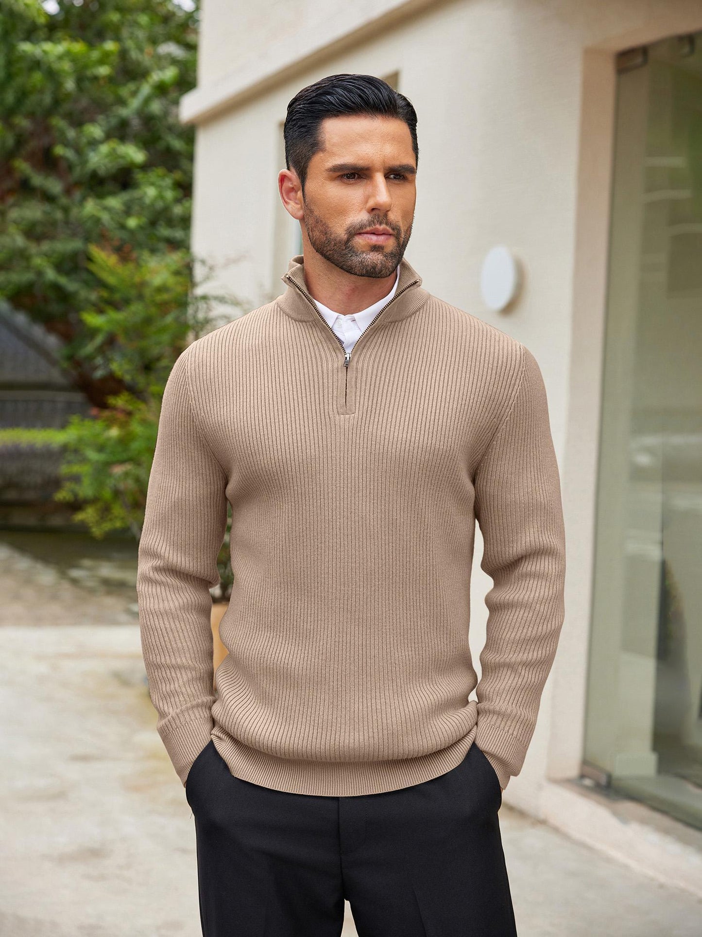 Men's Quarter Zip Sweaters Slim Fit Mock Neck Pullover Sweater Lightweight Knitted Polo Sweaters