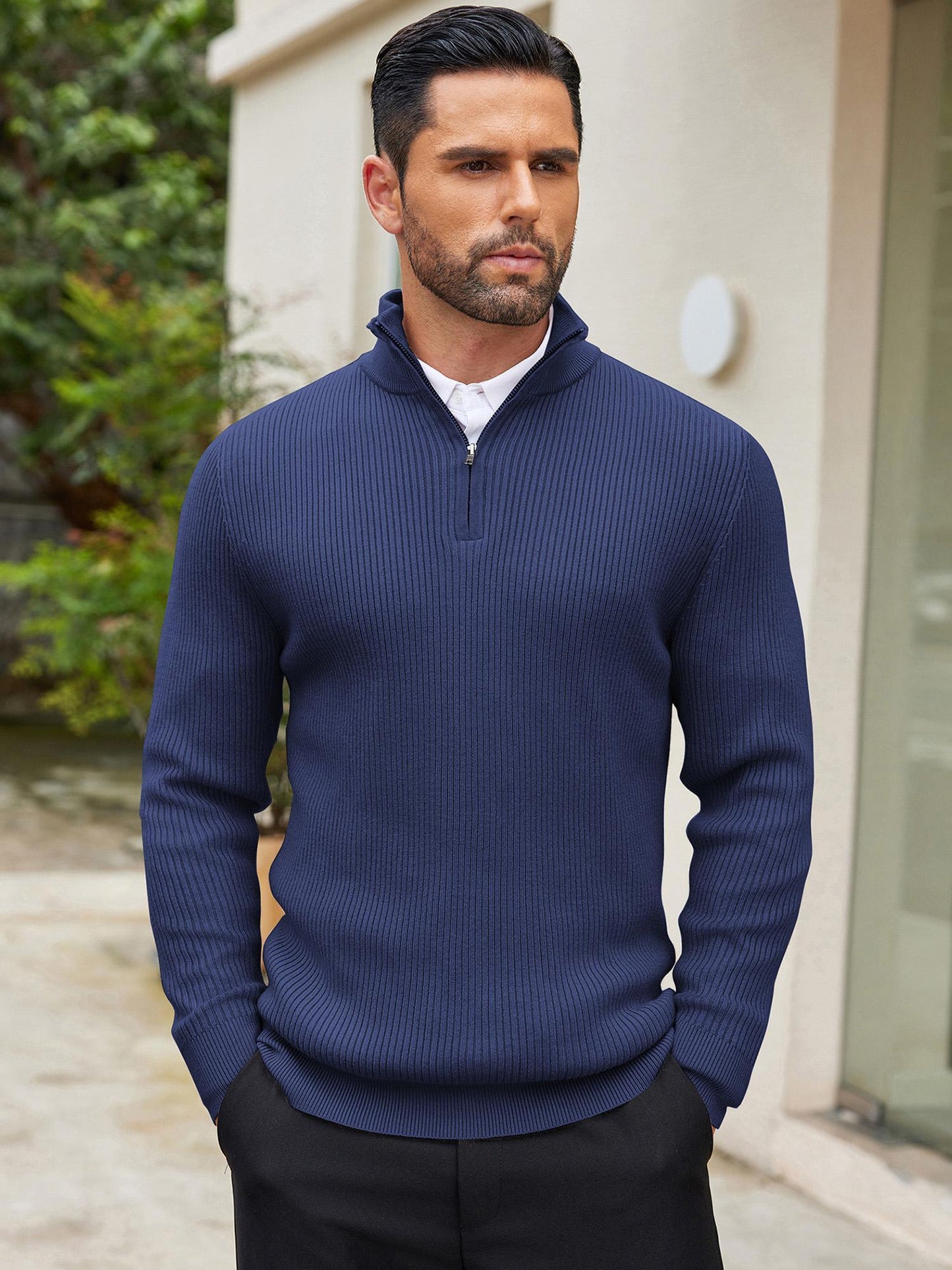 Men's Quarter Zip Sweaters Slim Fit Mock Neck Pullover Sweater Lightweight Knitted Polo Sweaters