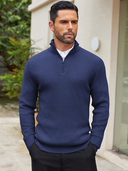 Men's Quarter Zip Sweaters Slim Fit Mock Neck Pullover Sweater Lightweight Knitted Polo Sweaters
