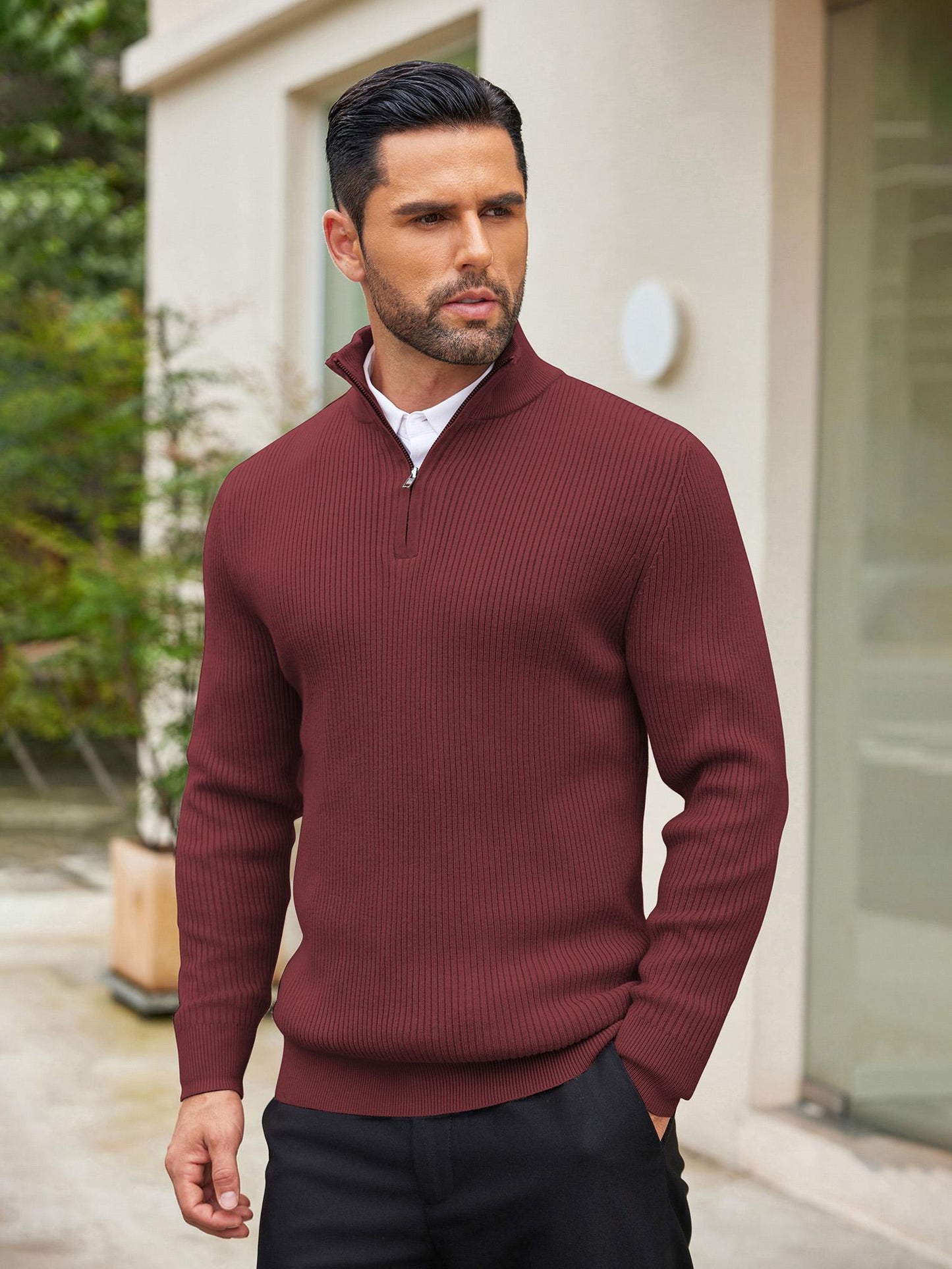 Men's Quarter Zip Sweaters Slim Fit Mock Neck Pullover Sweater Lightweight Knitted Polo Sweaters