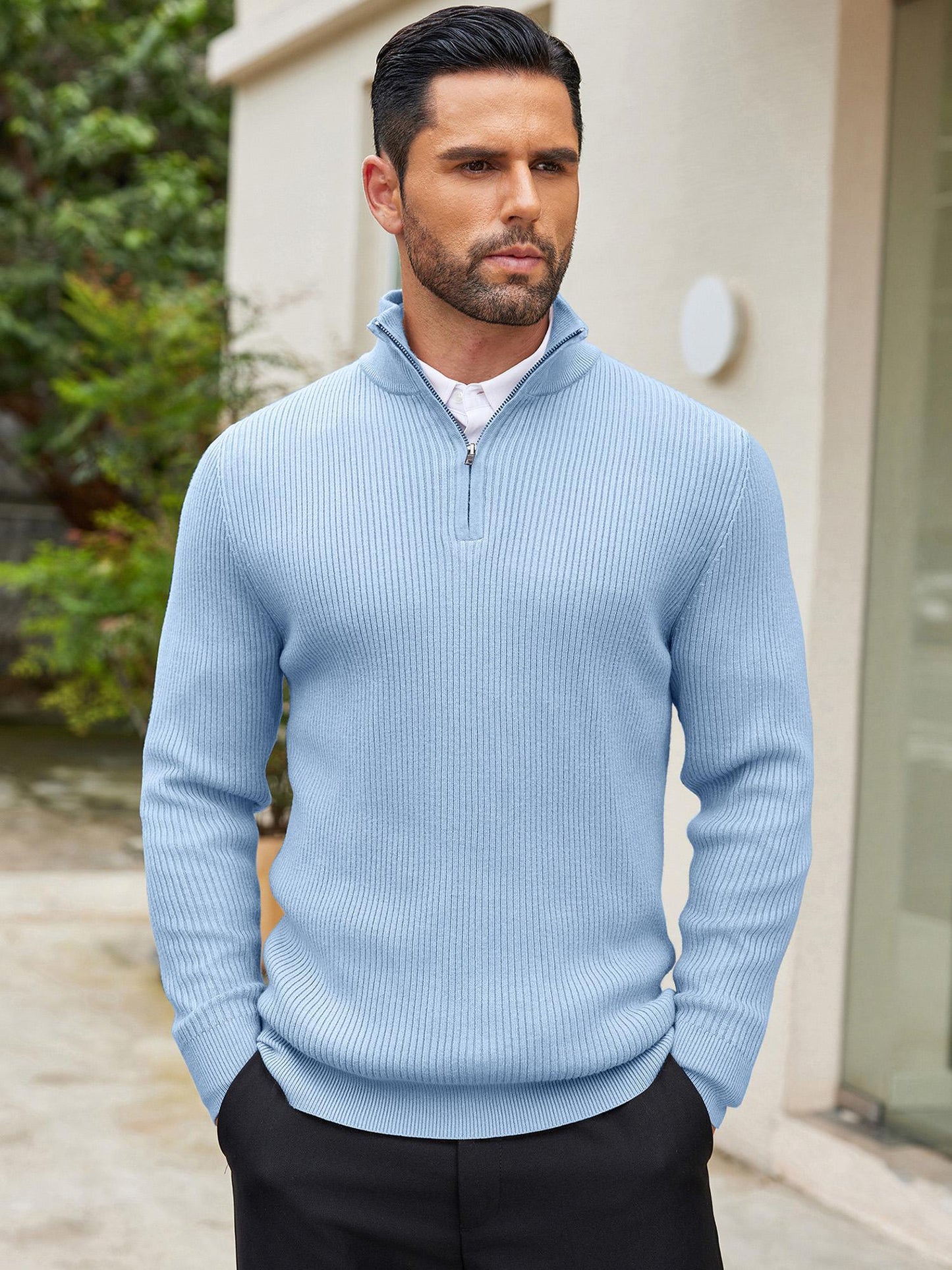 Men's Quarter Zip Sweaters Slim Fit Mock Neck Pullover Sweater Lightweight Knitted Polo Sweaters