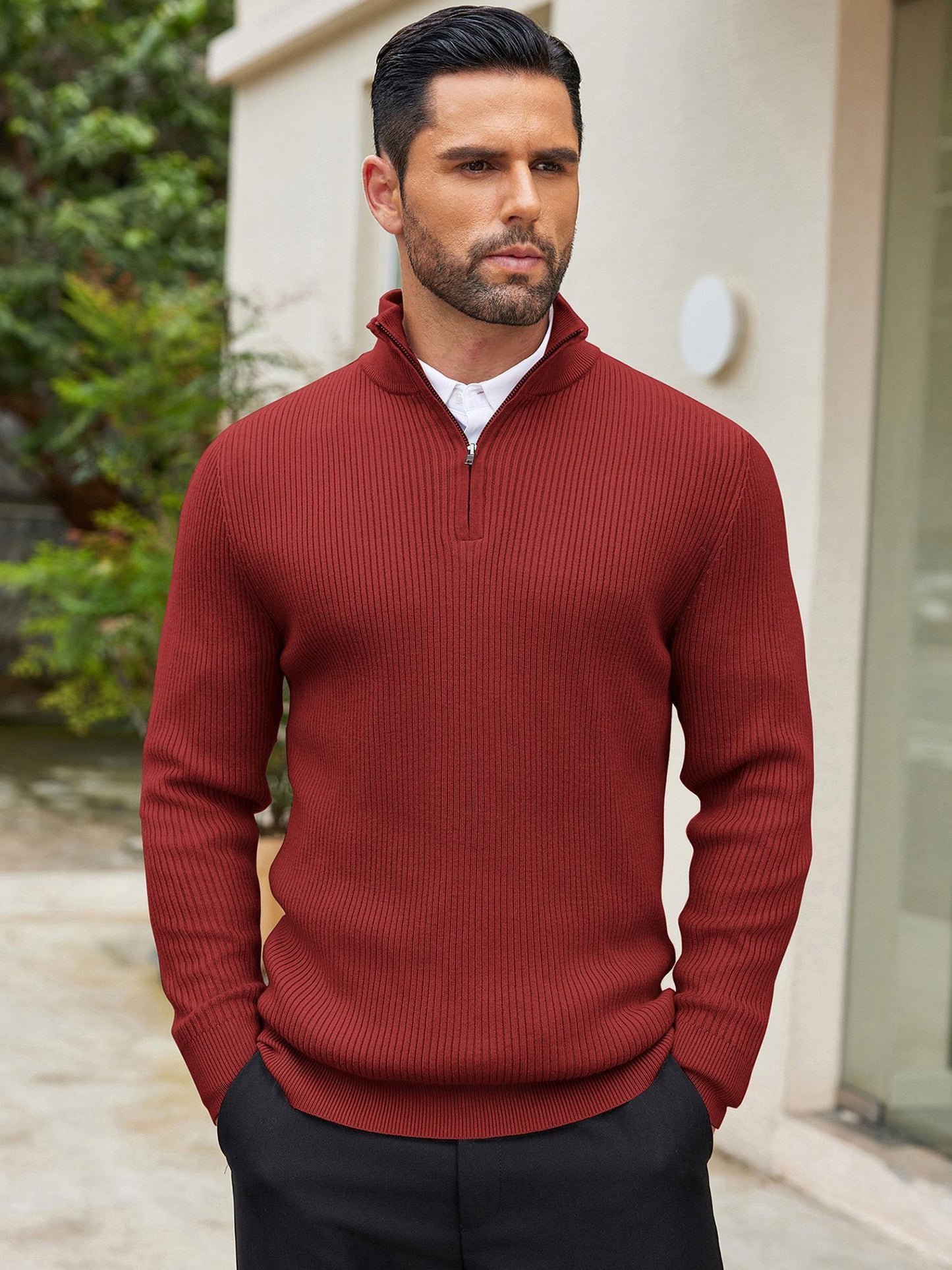 Men's Quarter Zip Sweaters Slim Fit Mock Neck Pullover Sweater Lightweight Knitted Polo Sweaters