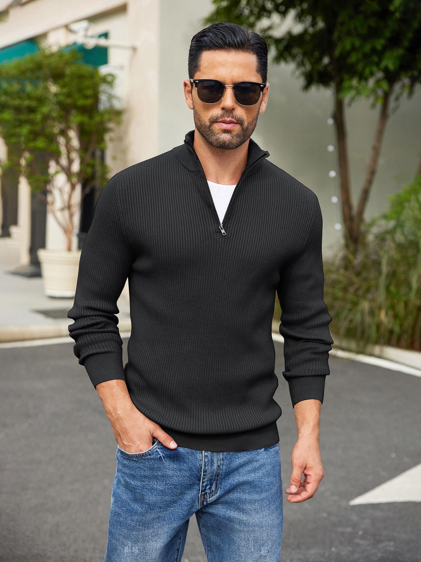 Men's Quarter Zip Sweaters Slim Fit Mock Neck Pullover Sweater Lightweight Knitted Polo Sweaters